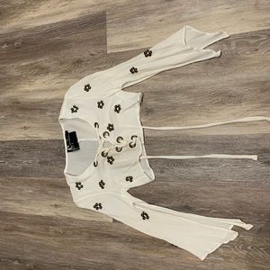 White beaded lace up crop